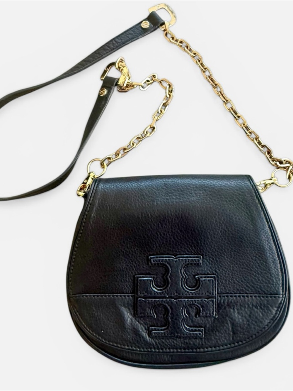 Tory Burch Black Pebbled Leather Gold Chain Strap Saddle Crossbody